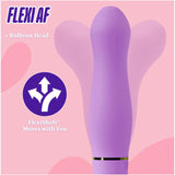 The Aria Rechargeable Vibe Exciting AF-Indigo by Blush Novelties features a flexible, bulbous head and a waterproof, body-safe silicone shaft that moves in multiple directions. It stands out against a pink backdrop with abstract shapes.
