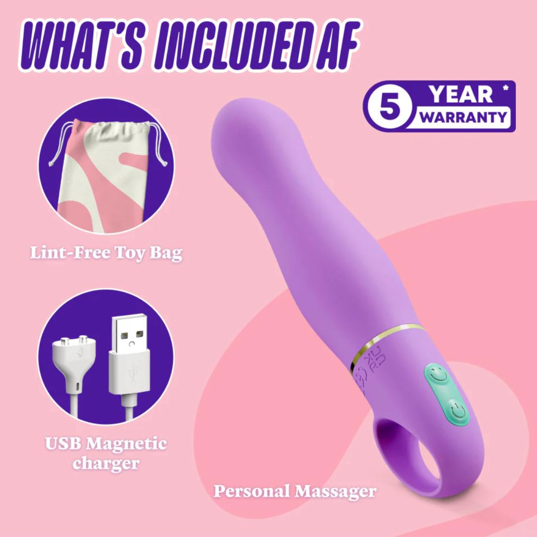 A product display features the Aria Rechargeable Vibe Exciting AF-Indigo by Blush Novelties—a purple silicone G-spot vibrator with green buttons, a pink-and-white lint-free toy bag, USB magnetic charger, and a “5 Year Warranty” label. Text: "What's Included AF.