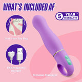 A product display features the Aria Rechargeable Vibe Exciting AF-Indigo by Blush Novelties—a purple silicone G-spot vibrator with green buttons, a pink-and-white lint-free toy bag, USB magnetic charger, and a “5 Year Warranty” label. Text: "What's Included AF.