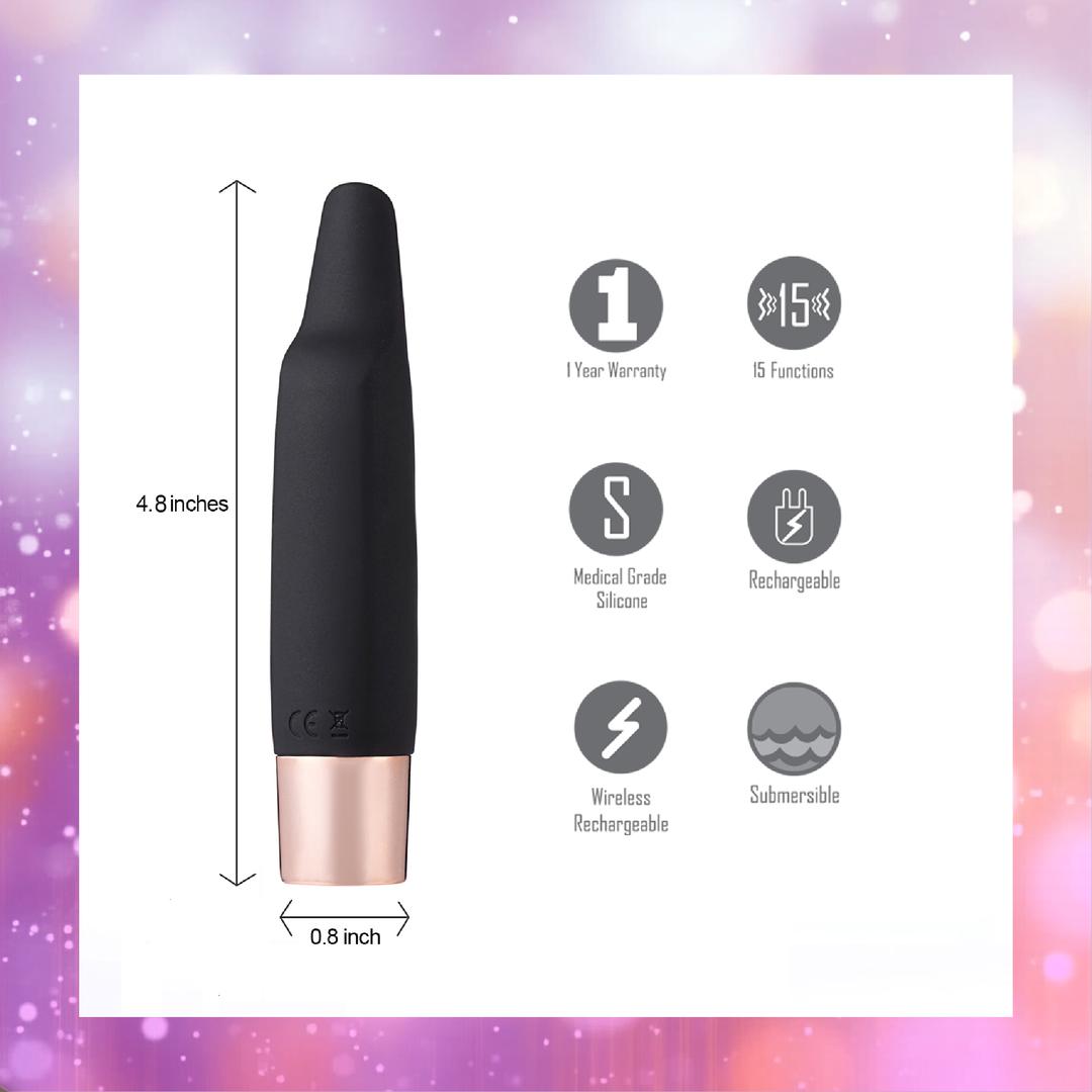The Aspen 15-Function Flickering Tip Vibrator by Maia Toys is a compact black medical grade silicone vibrator with a rose gold base, measuring 4.8 inches in length and 0.8 inches in width. Featuring 15 unique vibration patterns and a flickering tip for personalized pleasure, it boasts a rechargeable, submersible design and comes with a one-year warranty.
