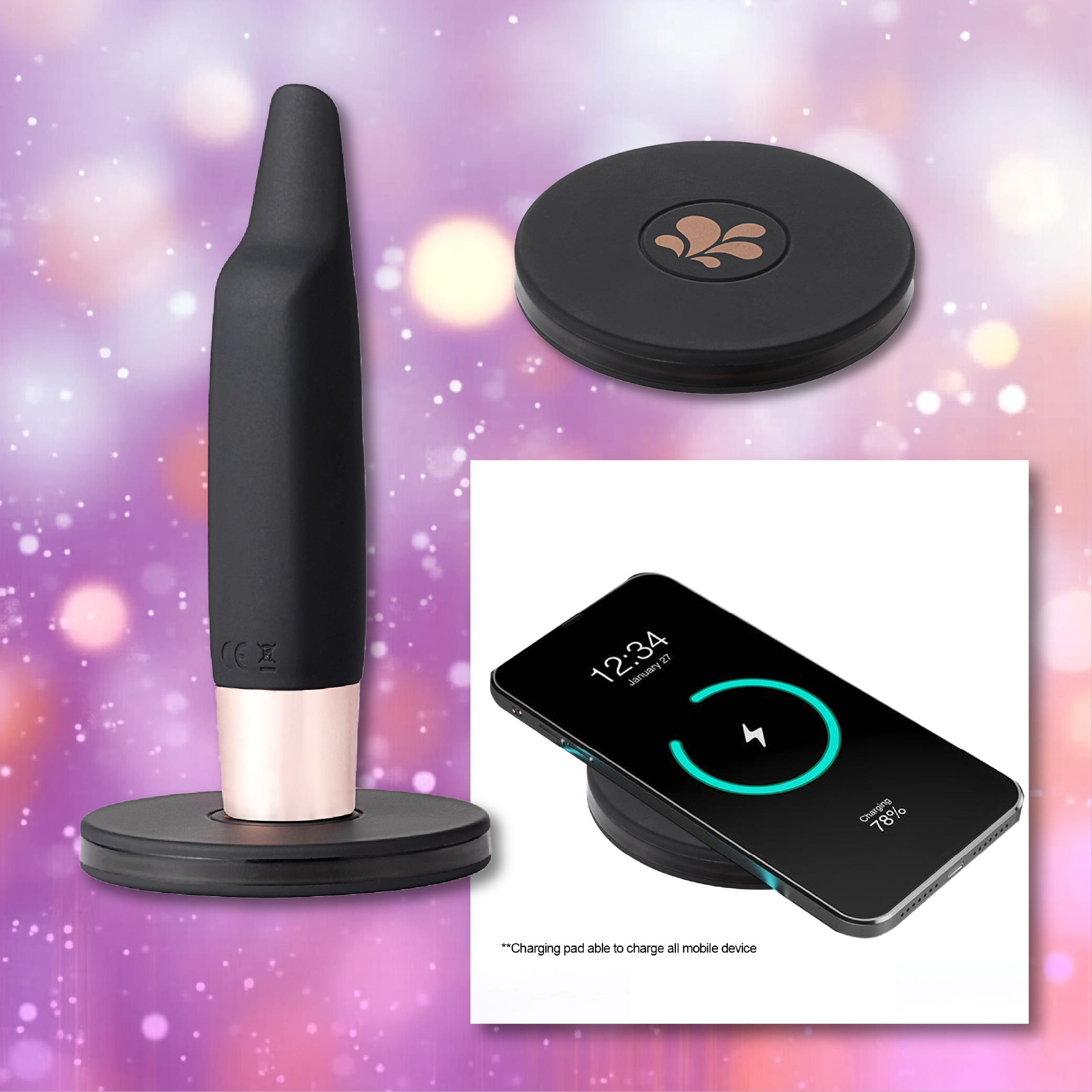 The Aspen 15-Function Flickering Tip Vibrator by Maia Toys, crafted in sleek black silicone, rests elegantly on a round charging pad embellished with a delicate floral logo. Nearby, a phone charges wirelessly on an identical pad against a dreamy pink and purple bokeh backdrop—highlighting this compact pleasure companion’s stylish versatility.