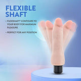 The Blush Novelties Au Naturel Vanilla Ice Vibrating Dildo features a flexible shaft with FlexiShaft® technology, standing upright on a round base and bending in any direction—perfect for any position.