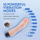 The Au Naturel Vanilla Ice Vibrating Dildo by Blush Novelties is shown with its black base, showcasing 10 unique vibration modes, deep vibrations, one-touch control, and 10 intensity levels for customizable pleasure.