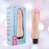 The Au Naturel Vanilla Ice Vibrating Dildo by Blush Novelties stands beside its box, showcasing lifelike texture, skin-toned color, multiple vibration speeds, USB charging, waterproof design, and phthalate-free material. Soft pink and blue tones blur behind.
