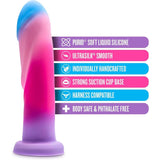 The Avant Borealis Dreams - Cotton Candy Realistic Dildo showcases a beautiful multi-colored design and comes equipped with a strong suction cup base. Crafted with platinum-cured silicone, it includes Purio soft liquid silicone and an Ultrasilk smooth texture. This handcrafted piece by Avant is both harness compatible and body-safe, ensuring it is phthalate-free.