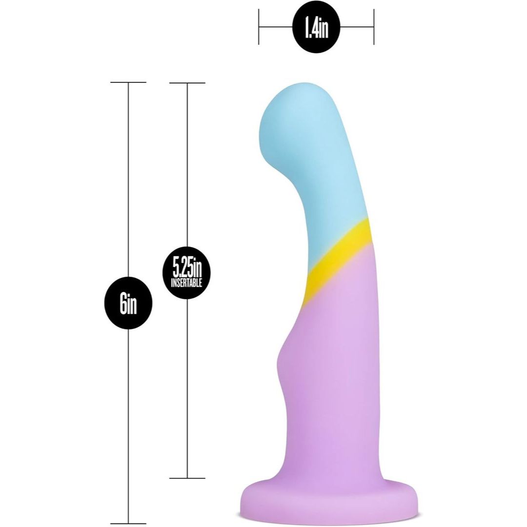 The Avant D14 G-Spot or Prostate Dildo - Heart of Gold by Avant is an artisanal, pastel-tone toy made from platinum cured silicone, with a curved design and measurements of 6" total height, 5.25" insertable length, and 1.4" diameter in blue, yellow & purple.