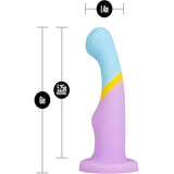 The Avant D14 G-Spot or Prostate Dildo - Heart of Gold by Avant is an artisanal, pastel-tone toy made from platinum cured silicone, with a curved design and measurements of 6" total height, 5.25" insertable length, and 1.4" diameter in blue, yellow & purple.