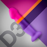 A vibrant Avant D3 7" Non-Porous Silicone Dildo - Summer Fling, crafted from body-safe silicone in hues of pink, orange, and purple, lies on a geometric backdrop featuring overlapping sections in pink, purple, and gray. The text "D3" is subtly visible in gray.