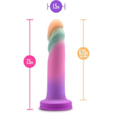 Introducing the Avant Sunrise Gaze - Sherbet Realistic Dildo, an artisanal creation from Avant. This vibrant dildo features a stunning swirled design crafted from platinum-cured silicone, highlighting gradient shades of orange, teal, and purple. It measures 7.5 inches in height with an insertable length of 6.75 inches and a diameter of 1.5 inches, all set against a white background for an elegant presentation.