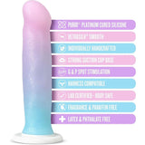 The Avant D17 'Lucky' Non-Porous Silicone Dildo by Avant is shown with features like body-safe UltraSilk Glitter Silicone, smooth texture, handcrafted quality, strong suction cup base, G & P spot stimulation, and harness compatibility.