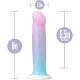 The Avant D17 'Lucky' Non-Porous Silicone Dildo by Avant features a pastel color, a rounded tip, is made from body-safe UltraSilk Glitter Silicone, measures 8 inches long, is harness-compatible, and is shown vertically with clear measurement labels.