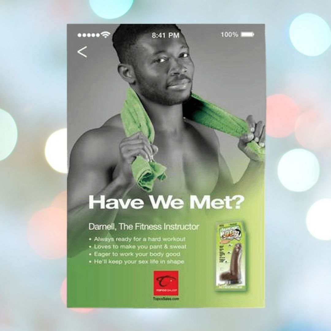 An advertisement features a man with a towel draped over his shoulder, highlighting his realistic attributes. The text reads, "Have We Met? Darnell, The Fitness Instructor," with a list of qualities alongside. At the bottom corner, there's an image of the Average Joe's product package with a suction cup base: Average Joe The Fitness Instructor Darnell.