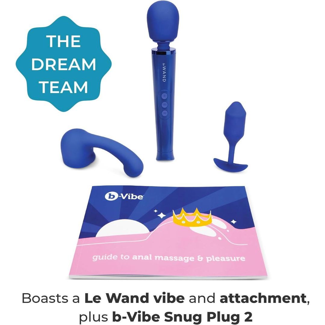 The B-Vibe Anal Massage & Education Set by B-Vibe features a blue vibrating massager with attachment, a small blue anal plug, a curved blue toy, and an anal massage guide—all displayed on white with a teal shape reading "THE DREAM TEAM.