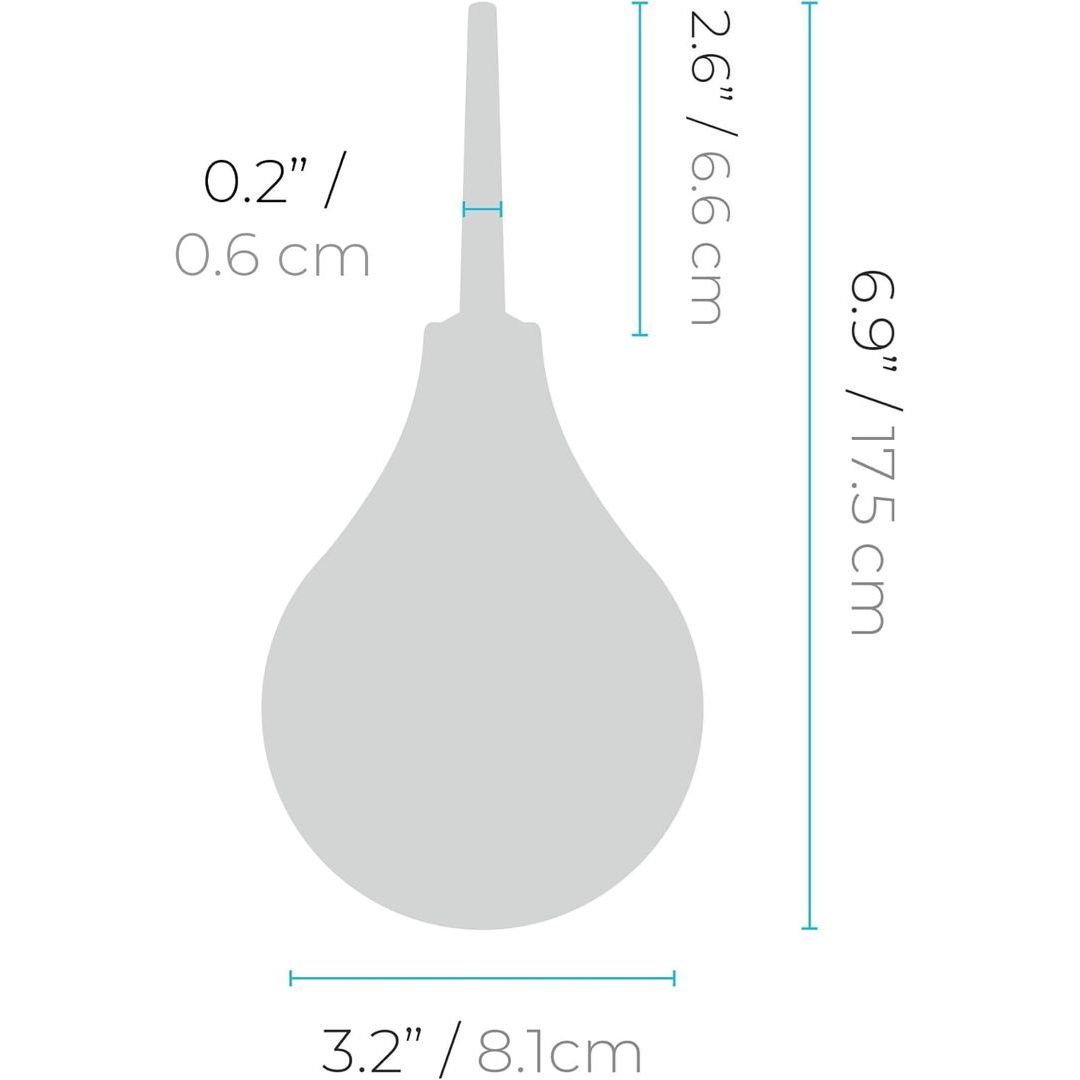 The B-Vibe Anal Massage & Education Set includes a lubricant applicator with a 0.2 in (0.6 cm) nozzle width, 2.6 in (6.6 cm) nozzle length, 6.9 in (17.5 cm) total height, and 3.2 in (8.1 cm) bulb width—ideal for anal massage or sex toys use.