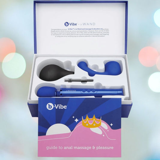 The B-Vibe Anal Massage & Education Set by B-Vibe includes a blue vibrating massager, black bulb, blue anal plug, and a "Guide to Anal Massage & Pleasure" booklet—ideal for discovering new sensations. 1080