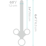 Diagram of the B-Vibe Anal Massage & Education Set’s syringe-shaped lubricant applicator by B-Vibe, featuring three finger loops. It measures 6.4" (16.3 cm) long, 3.4" (8.6 cm) insertable, and 0.5" (1.2 cm) wide—ideal for anal massage or use with sex toys.