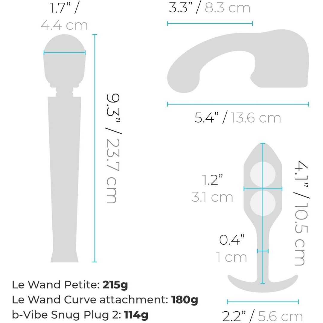 Comparison chart of B-Vibe Anal Massage & Education Set by B-Vibe: three gray anal massage toys, displaying their shapes, sizes (in inches/cm), and weights (215g, 180g, 114g) on a white background. Also ideal for applying lubricant.