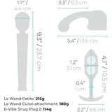 Comparison chart of B-Vibe Anal Massage & Education Set by B-Vibe: three gray anal massage toys, displaying their shapes, sizes (in inches/cm), and weights (215g, 180g, 114g) on a white background. Also ideal for applying lubricant.