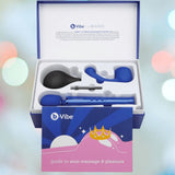 The B-Vibe Anal Massage & Education Set by B-Vibe includes a blue vibrating massager, black bulb, blue anal plug, and a "Guide to Anal Massage & Pleasure" booklet—ideal for discovering new sensations.