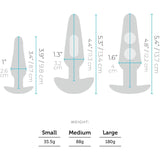 Depiction of the B-Vibe Anal Training Set, featuring three black silicone butt plugs in different sizes: small, medium, and large. Each plug includes dimensions in both centimeters and inches, with weights of 35.5g, 88g, and 180g. An ideal component for those seeking a comfortable exploration experience.