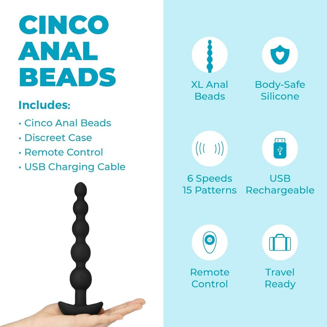 A hand holds the B-Vibe Cinco Beads XL Vibrating Anal Beads in black—featuring 5 graduated beads, powerful motors, body-safe silicone, remote control, 6 speeds, 15 vibration patterns, USB rechargeability, and a discreet travel-ready case.