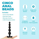 A hand holds the B-Vibe Cinco Beads XL Vibrating Anal Beads in black—featuring 5 graduated beads, powerful motors, body-safe silicone, remote control, 6 speeds, 15 vibration patterns, USB rechargeability, and a discreet travel-ready case.