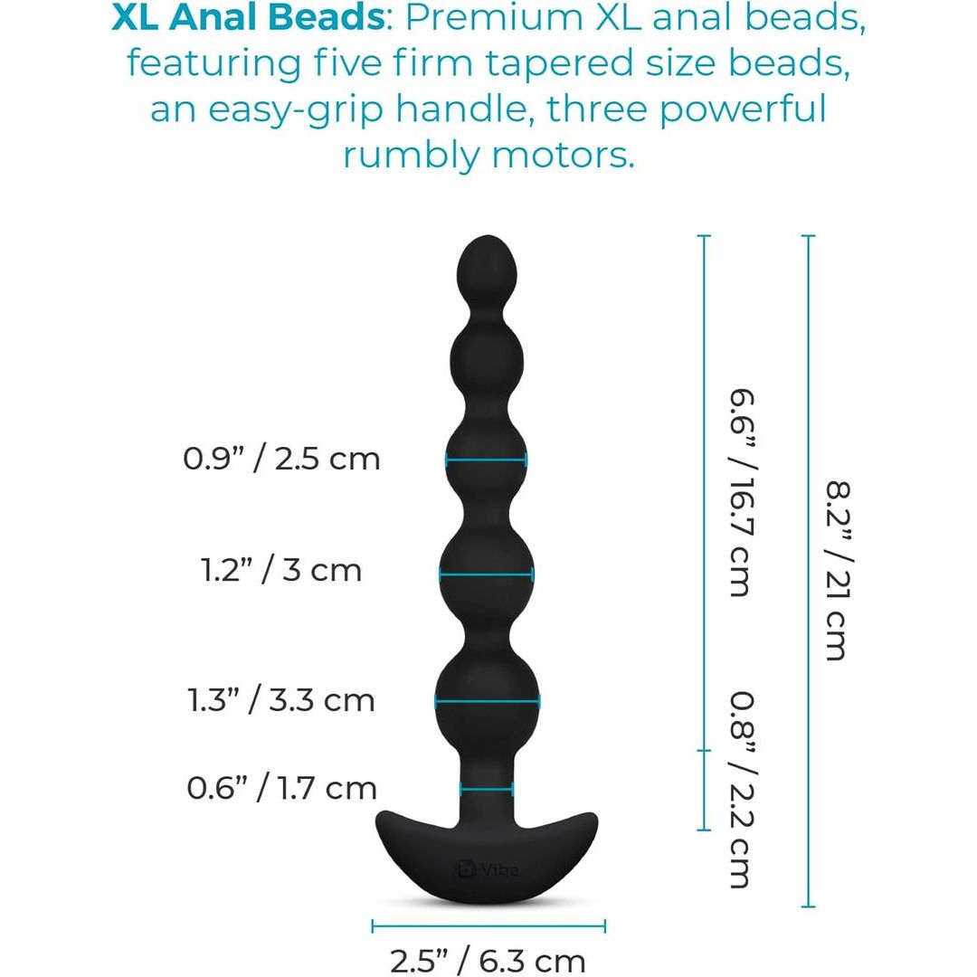 A diagram of the B-Vibe Cinco Beads XL Vibrating Anal Beads (Black) shows five firm, tapered silicone beads (0.9"–1.3" diameter), an easy-grip handle, and remote control features. Text lists product details and measurements.