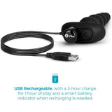 The B-Vibe Cinco Beads XL Vibrating Anal Beads in black are shown with a USB charging cable. They are USB rechargeable, providing 1 hour of play after a 2-hour charge.