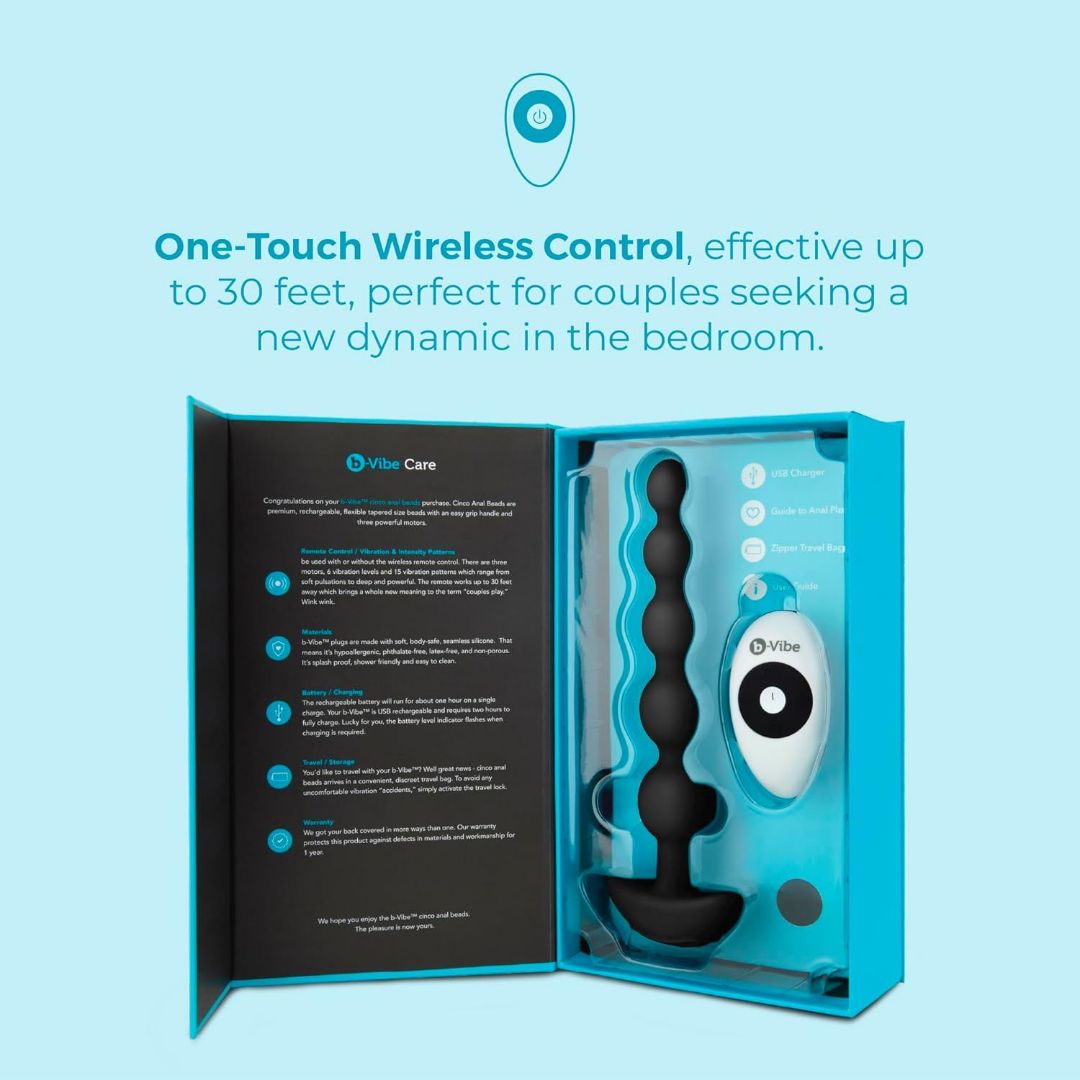 Open turquoise box showcasing B-Vibe Cinco Beads XL Vibrating Anal Beads in black with a white remote; text above highlights B-Vibe's one-touch wireless control for thrilling anal play up to 30 feet away.