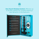 Open turquoise box showcasing B-Vibe Cinco Beads XL Vibrating Anal Beads in black with a white remote; text above highlights B-Vibe's one-touch wireless control for thrilling anal play up to 30 feet away.