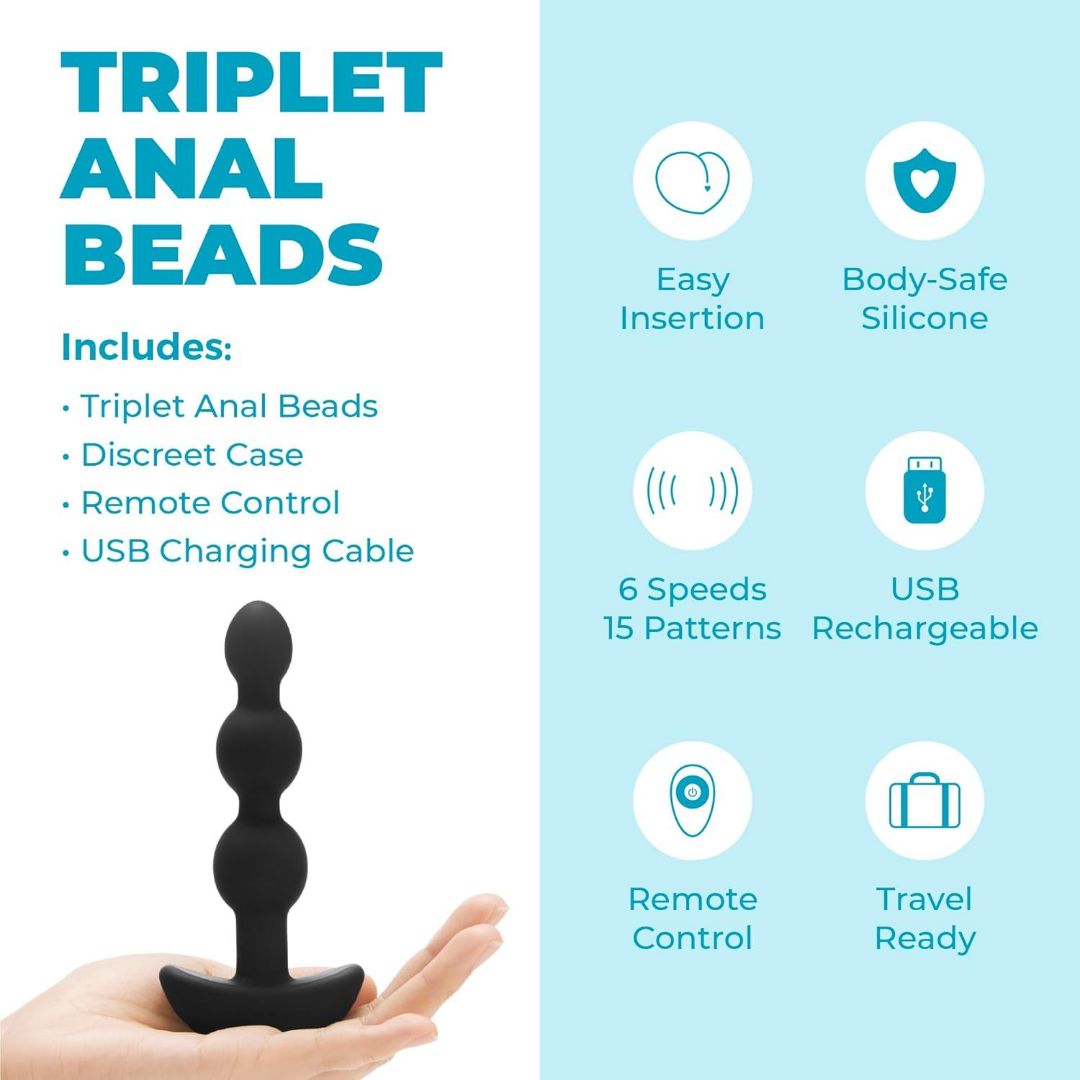 A hand holds the B-Vibe Triplet Beads Vibrating Anal Beads - Black by B-Vibe next to text highlighting 6 speeds, 15 vibration modes, easy insertion, body-safe silicone, USB rechargeability, remote control, discreet case, and travel readiness. White and blue background.