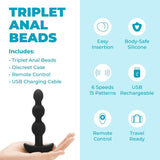 A hand holds the B-Vibe Triplet Beads Vibrating Anal Beads - Black by B-Vibe next to text highlighting 6 speeds, 15 vibration modes, easy insertion, body-safe silicone, USB rechargeability, remote control, discreet case, and travel readiness. White and blue background.