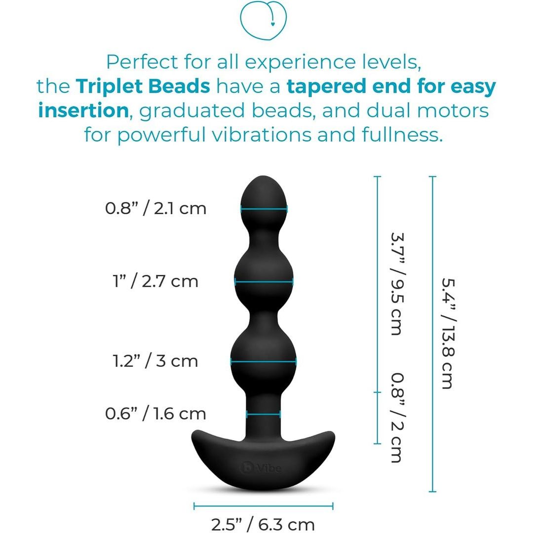The B-Vibe Triplet Beads Vibrating Anal Beads – Black are shown, featuring four graduated bead sizes, a tapered tip, multiple vibration patterns, and detailed measurements displayed in blue and black text on a white background.
