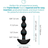 The B-Vibe Triplet Beads Vibrating Anal Beads – Black are shown, featuring four graduated bead sizes, a tapered tip, multiple vibration patterns, and detailed measurements displayed in blue and black text on a white background.