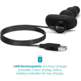 The B-Vibe Triplet Beads Vibrating Anal Beads in black, made from body-safe silicone, features USB rechargeability, a low-battery indicator, and delivers 1 hour of play after a 2-hour charge. Seen on a white background with the charging cable attached.