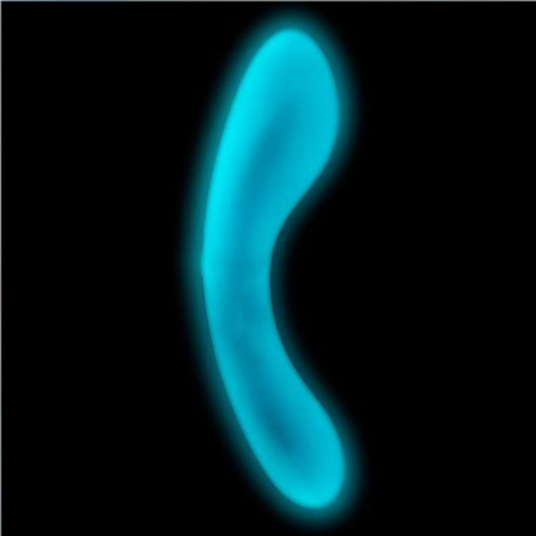 The BMS The Mini Swan Wand Glow in the Dark - Blue by BMS appears as a glowing, curved shape on a black background, emitting a soft neon-blue light.