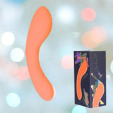 The BMS The Mini Swan Wand Glow in the Dark-Orange, a curved orange vibrator, floats next to a dark blue box with its shape and colorful text. A soft light background features out-of-focus pastel circles.