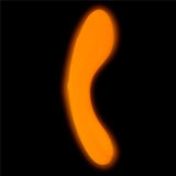 A bright pink, curved, bean-shaped BMS The Mini Swan Wand Glow in the Dark vibrator by bms is centered on a solid black background, with a glowing outline highlighting its shape.