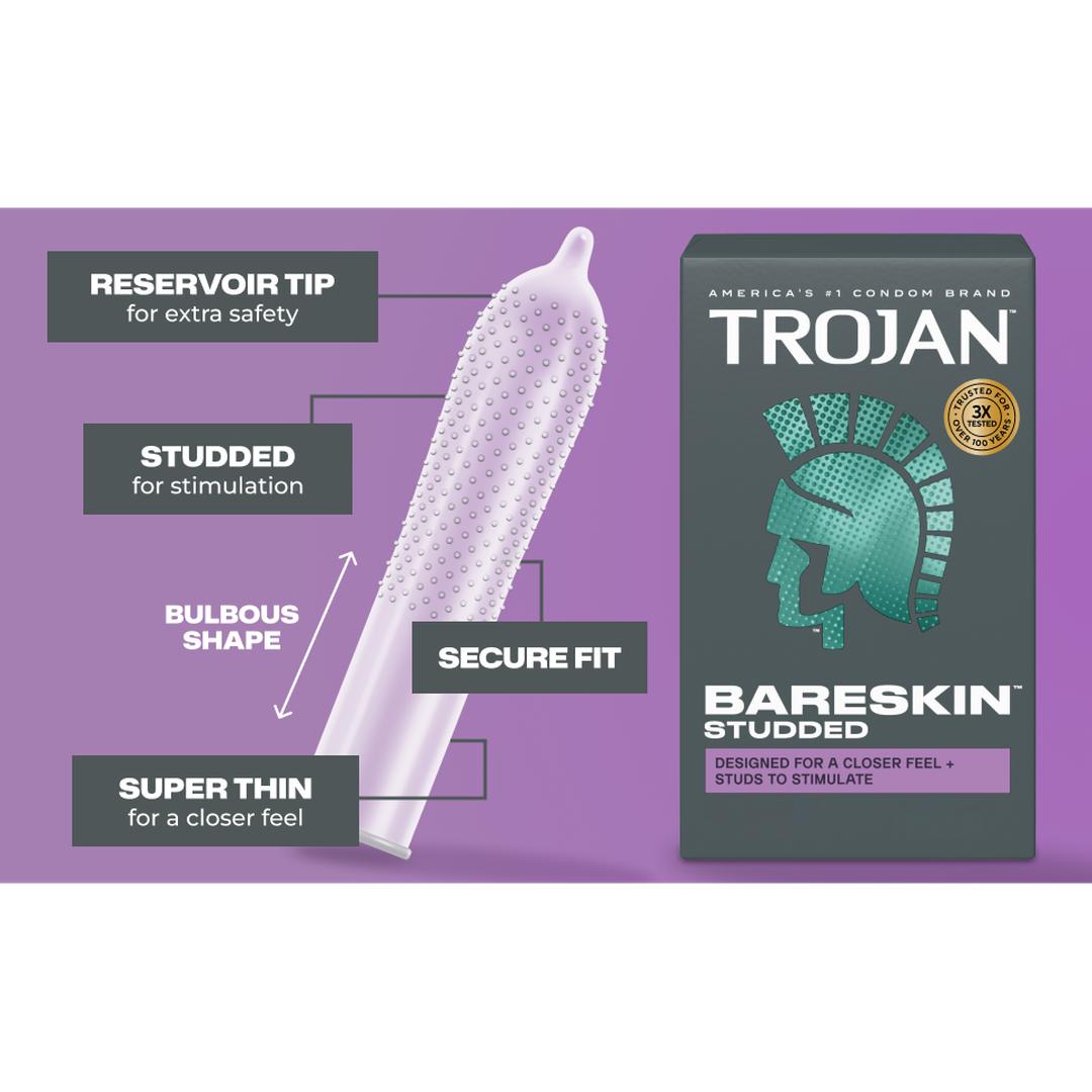 An illustration of a Trojan Studded Bareskin Condom showcases its standout features: a reservoir tip, stimulating studded texture, bulbous shape, secure fit, and ultra-thin construction. Ideal for those who desire textured condoms while maximizing sensation, the super thin design intensifies closeness. The box for Trojan Studded Bareskin Condoms from Trojan is shown next to the diagram.