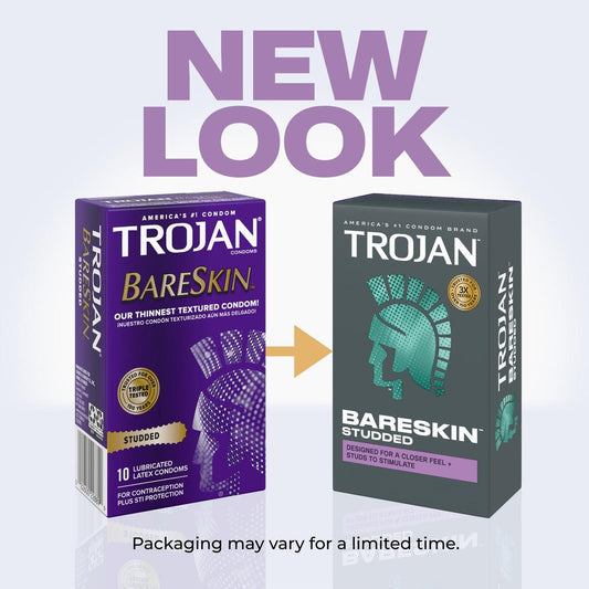 Side-by-side image of Trojan Studded Bareskin Condoms boxes, with the old purple Trojan packaging on the left and the new gray packaging on the right, featuring text that reads "NEW LOOK" and "Packaging may vary for a limited time." These Trojan condoms are textured and ultra-thin to enhance sensation. 1080