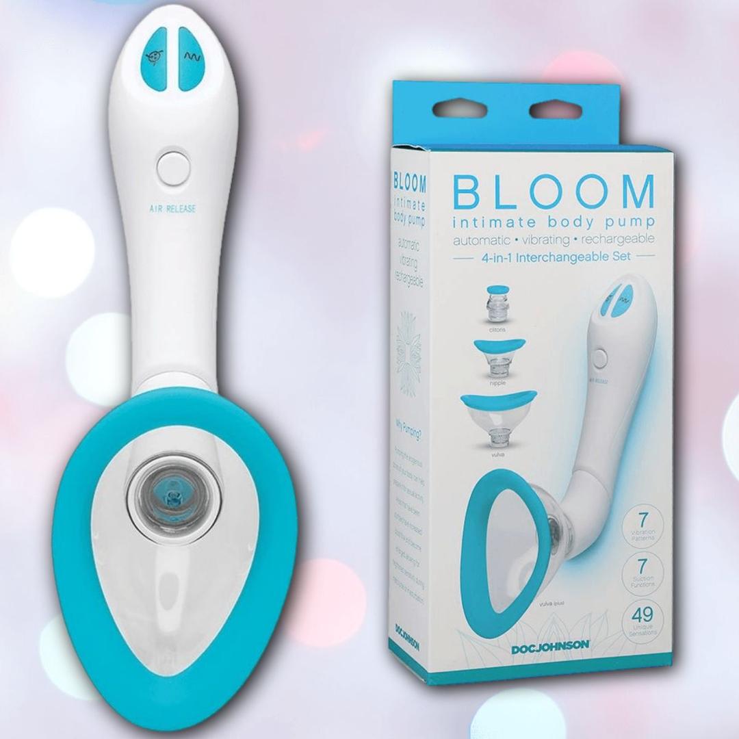 The Doc Johnson Bloom Rechargeable Intimate Body Pump - Blue is shown beside its box, featuring automatic and vibrating functions with a 4-in-1 interchangeable set—perfect for use as a clitoral suction toy or vibrating nipple pump.