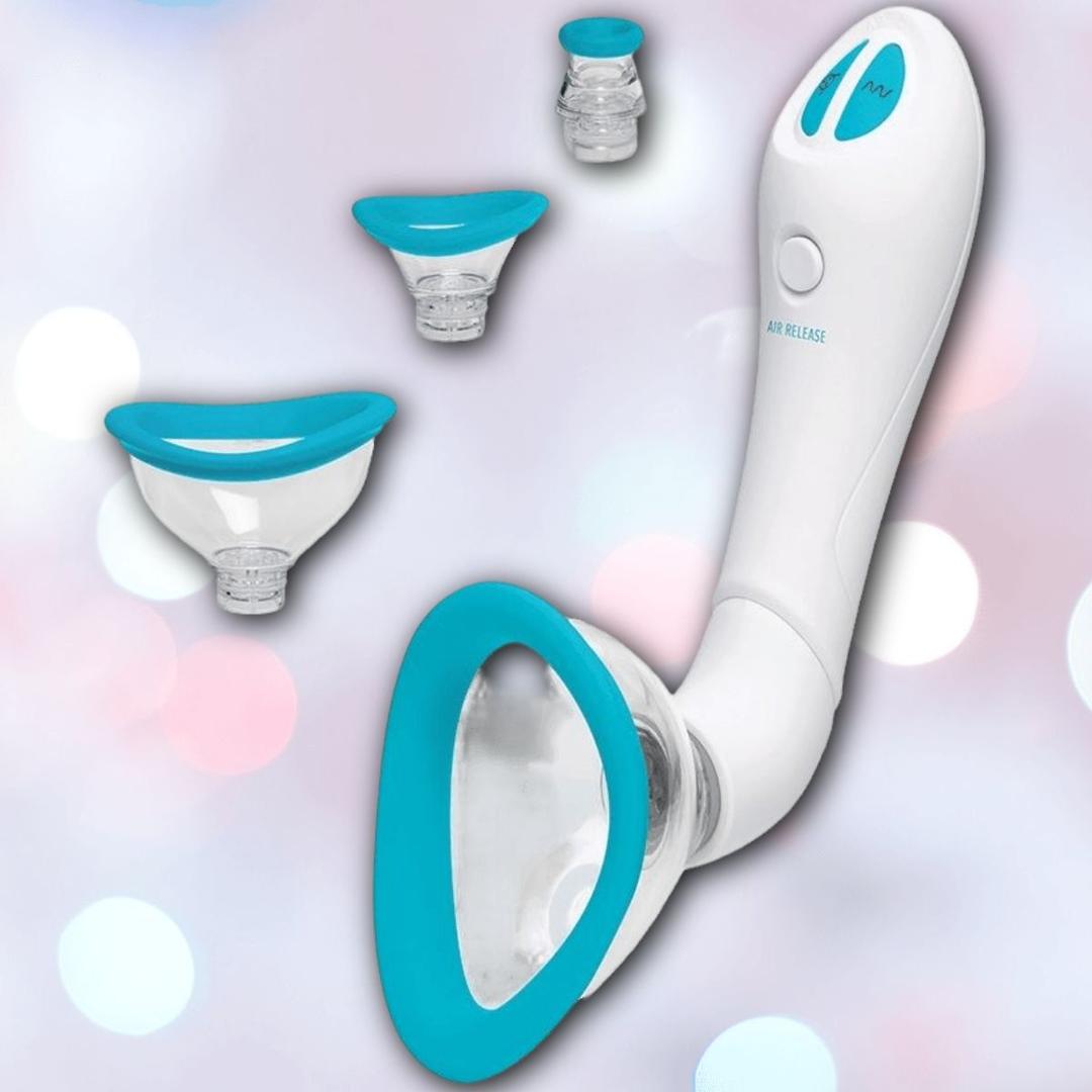 The Doc Johnson Bloom Rechargeable Intimate Body Pump - Blue features a white body with a blue rim, three interchangeable suction cup attachments, and an air release button, ideal for personal or skincare use. Displayed on a pastel blurred background.
