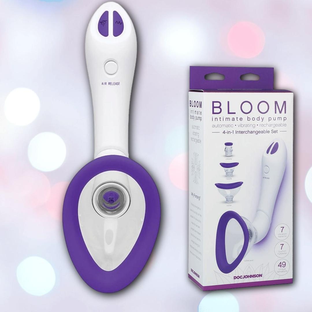 The Doc Johnson Bloom Rechargeable Intimate Body Pump in purple is displayed next to its box, which reads "BLOOM 4-in-1 Interchangeable Set." The scene features a light background with soft circles.