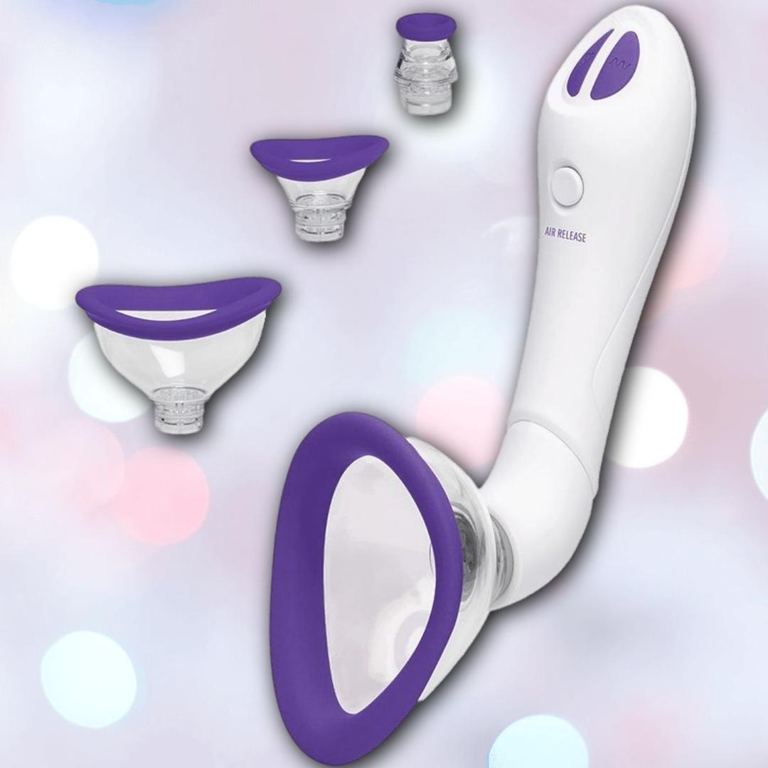The Doc Johnson Bloom Rechargeable Intimate Body Pump - Purple is a white handheld device with purple accents, three interchangeable cups, intuitive buttons including an "air release" label, shown on a pastel blurred background.