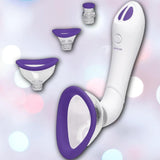 The Doc Johnson Bloom Rechargeable Intimate Body Pump - Purple is a white handheld device with purple accents, three interchangeable cups, intuitive buttons including an "air release" label, shown on a pastel blurred background.