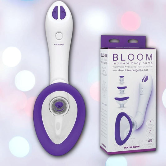 The Doc Johnson Bloom Rechargeable Intimate Body Pump in purple is displayed next to its box, which reads "BLOOM 4-in-1 Interchangeable Set." The scene features a light background with soft circles. 1080