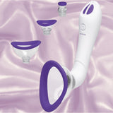 The Doc Johnson Bloom Rechargeable Intimate Body Pump - Purple features four interchangeable cups, a white body with a purple rim, and is showcased against a silky light purple background.