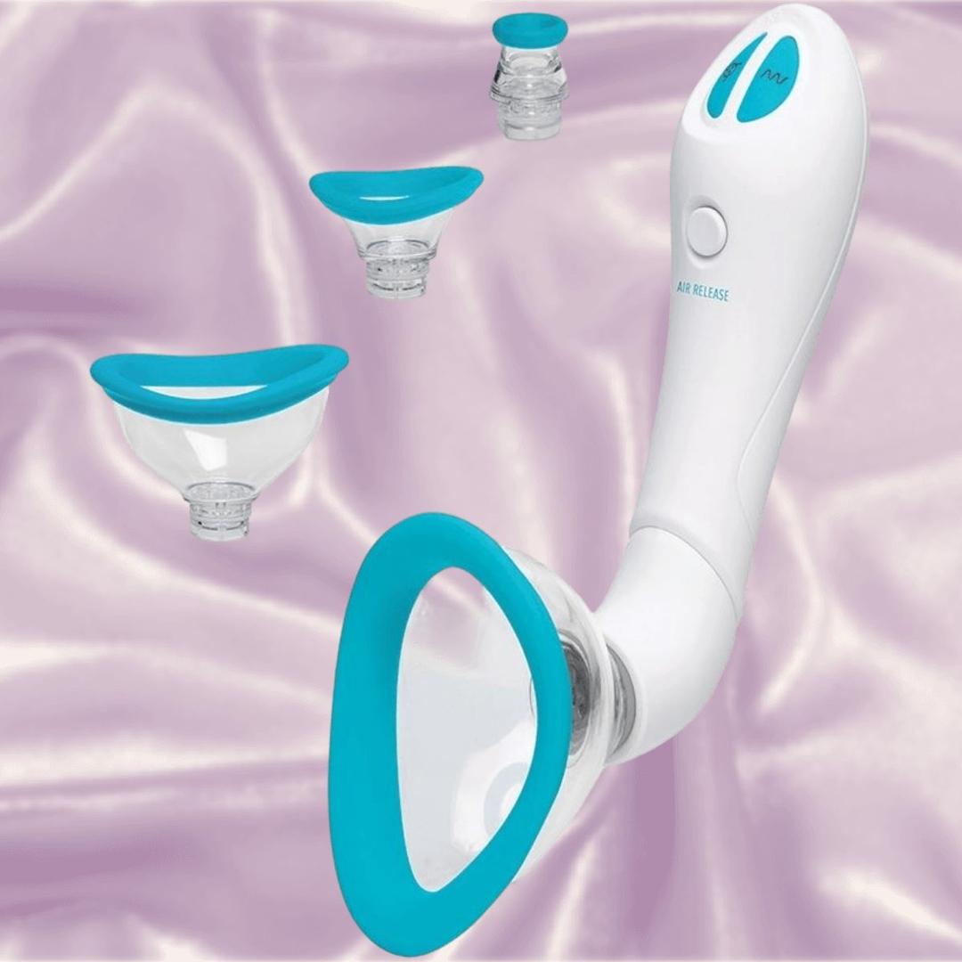 The Doc Johnson Bloom Rechargeable Intimate Body Pump - Blue features a white design with blue accents, four interchangeable suction cup attachments, and is displayed on shiny light purple fabric.