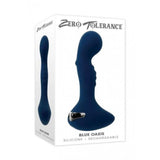 A package featuring the "Zero Tolerance Blue Oasis" USB rechargeable vibrating silicone plug prominently displays the brand name, along with an image of the product and its impressive 10 vibrating speeds for an enhanced experience.