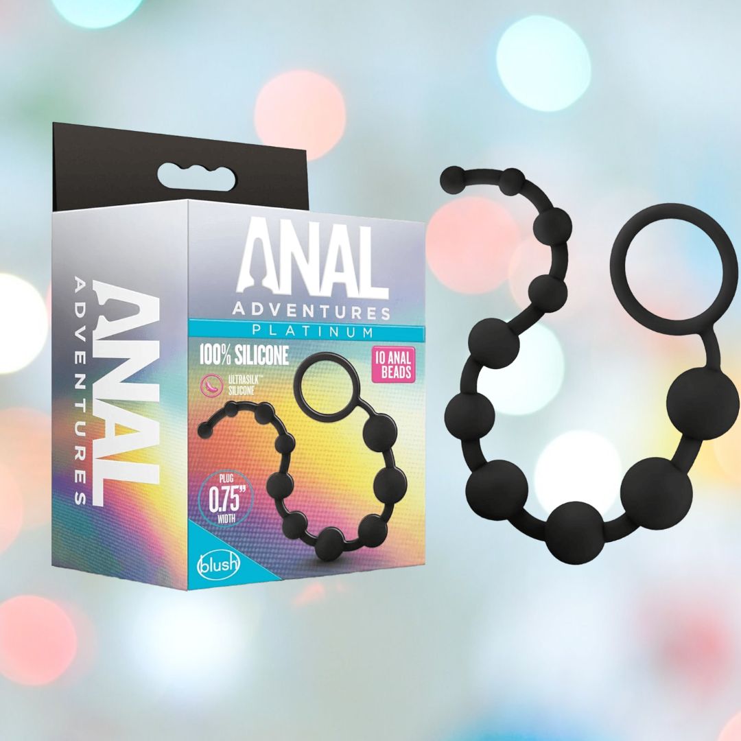 A box marked "Blush Novelties" highlights their "Anal Adventures Platinum Ultrasilk Silicone 10 Beads Graduated Sizes." It features 10 black silicone beads with a ring handle, set against a colorful gradient with blurred circles, ideal for backdoor play.